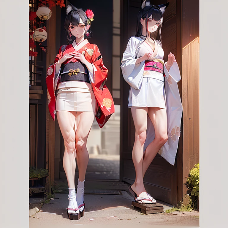 (Fox Girl, Fox Ears, Black colored hair, Fox Makeup, One Girl, Long Hair:1.6), (kimono, Kimono with open chest, A beautiful kimono with red and black patterns, I can see her cleavage, Open chest, Exposed skin:1.8), (Body measurements are 75-60-75!, Young girl body, Small breasts, Small breasts, Emphasize the chest, Knees are slightly visible, Standing posture, Muscular, Abdominal muscles, Hide your own chest with your hands:1.9), Avatar, face, lewd face, Dominant representation, naughty face, Uplifting, Skin Texture, outside, Grassy field, Angle looking up from below