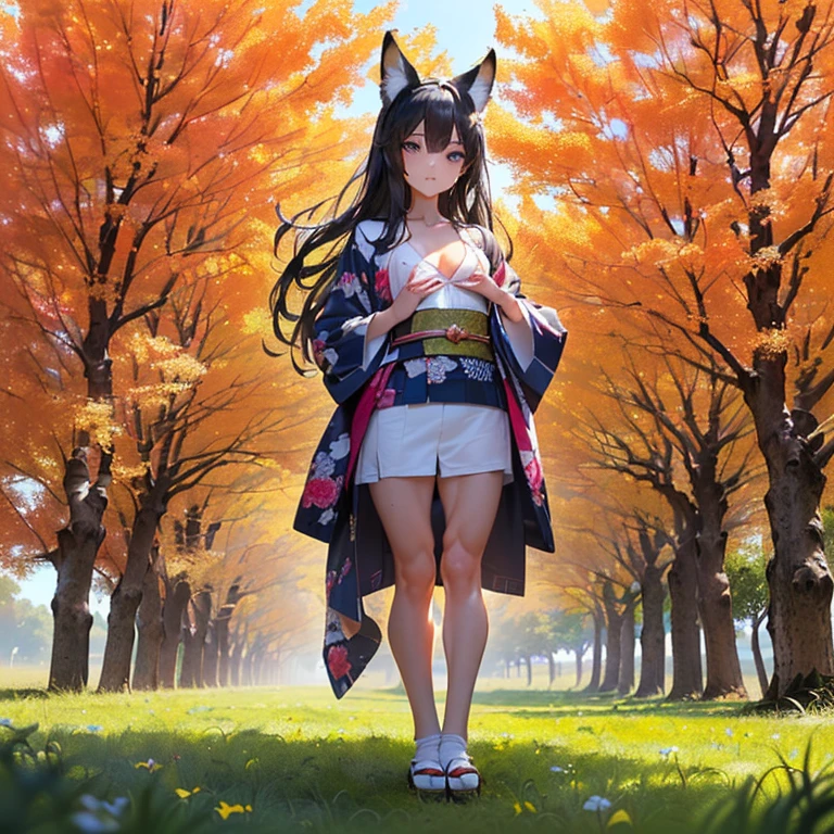 (Fox Girl, Fox Ears, Black colored hair, Fox Makeup, One Girl, Long Hair:1.6), (kimono, Kimono with open chest, A beautiful kimono with red and black patterns, I can see her cleavage, Open chest, Exposed skin:1.8), (Body measurements are 75-60-75!, Young girl body, Small breasts, Small breasts, Emphasize the chest, Knees are slightly visible, Standing posture, Muscular, Abdominal muscles, Hide your own chest with your hands:1.9), Avatar, face, lewd face, Dominant representation, naughty face, Uplifting, Skin Texture, outside, Grassy field, Angle looking up from below