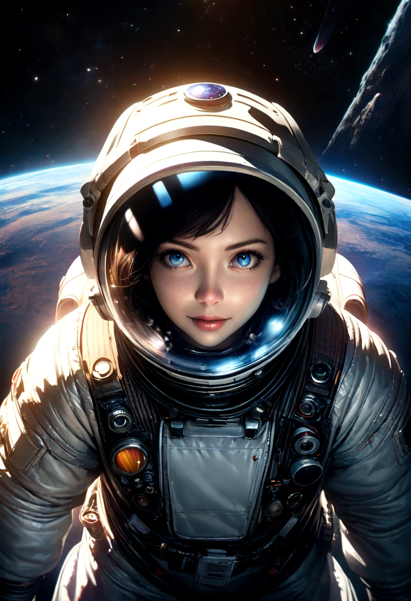 A beautiful astronaut, detailed space suit, floating in zero gravity, detailed helmet with visor, long blonde hair, serene expression, glowing planet in the background, atmospheric lighting, cinematic composition, ultrarealistic, 8k, highly detailed, photorealistic, dramatic lighting, vivid colors, otherworldly, concept art style, giga_busty, breasts