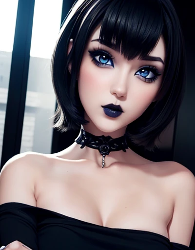 Beautiful slender girl looking at viewer with impressive huge bust ,nswf blue eyes white skin short black hair bob style thick lips black labi and gothic makeup,  perfect beautiful and detailed face,