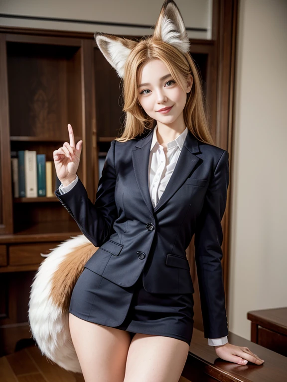((Highest quality, 32k)), ((masterpiece)), (Familiar), Perfect Face, Fox Girl, Pretty girl, Office Lady, indoor, Has one tail, She has a northern fox tail, She stretches out her fluffy tail, Beautiful hip line, Thick thighs, She is wearing a business suit, stick your buttocks out to the front, A large tail sticks out, Waving his tail happily, She only has one tail, Smiling Kindly