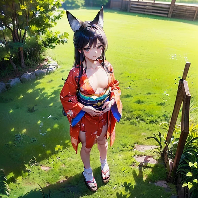 (Fox Girl, Fox Ears, Black colored hair, Fox Makeup, One Girl, Long Hair:1.6), (kimono, Kimono with open chest, A beautiful kimono with red and black patterns, I can see her cleavage, Open chest, Exposed skin:1.8), (Body size is 100-70-90!, Nice body, Big Breasts, Soft breasts, Emphasize cleavage, Knees are slightly visible, Muscular, Abdominal muscles, Grab your own chest:1.9), Avatar, face, lewd face, Dominant representation, naughty face, Uplifting, Skin Texture, outside, Grassy field