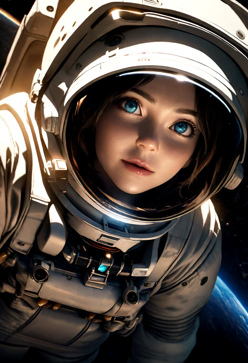 A beautiful astronaut, detailed space suit, floating in zero gravity, detailed helmet with visor, long blonde hair, serene expression, glowing planet in the background, atmospheric lighting, cinematic composition, ultrarealistic, 8k, highly detailed, photorealistic, dramatic lighting, vivid colors, otherworldly, concept art style, giga_busty, breasts