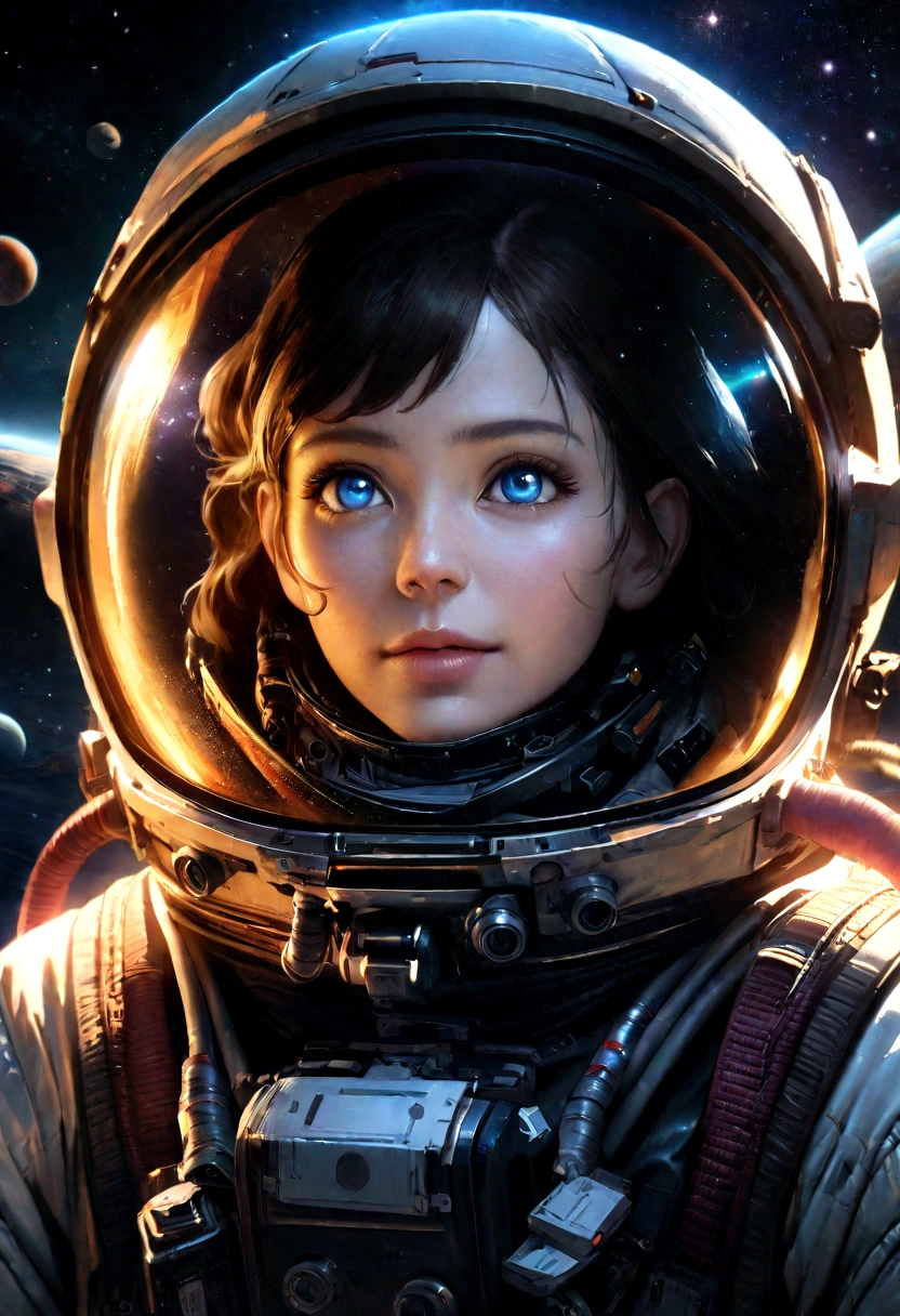 A beautiful astronaut, detailed space suit, floating in zero gravity, detailed helmet with visor, long blonde hair, serene expression, glowing planet in the background, atmospheric lighting, cinematic composition, ultrarealistic, 8k, highly detailed, photorealistic, dramatic lighting, vivid colors, otherworldly, concept art style, giga_busty, breasts
