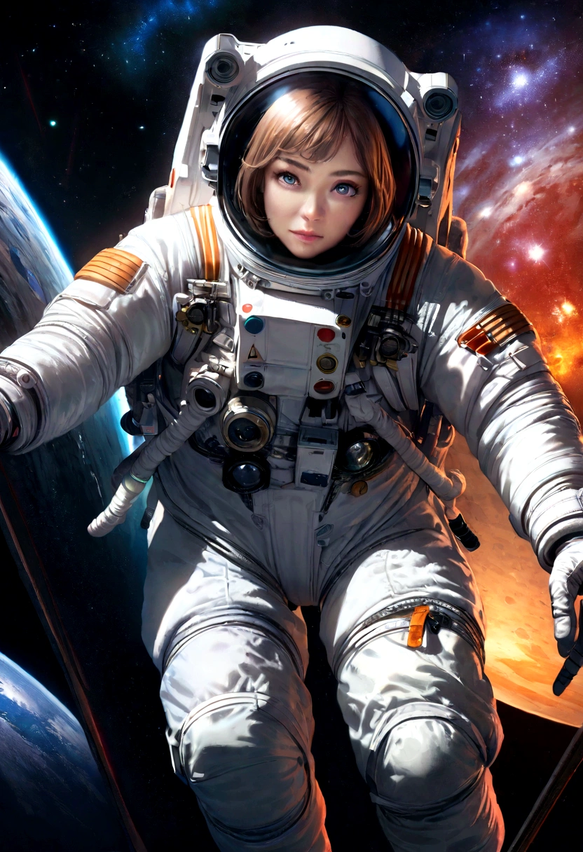 A beautiful astronaut, detailed space suit, floating in zero gravity, detailed helmet with visor, long blonde hair, serene expression, glowing planet in the background, atmospheric lighting, cinematic composition, ultrarealistic, 8k, highly detailed, photorealistic, dramatic lighting, vivid colors, otherworldly, concept art style, giga_busty, breasts