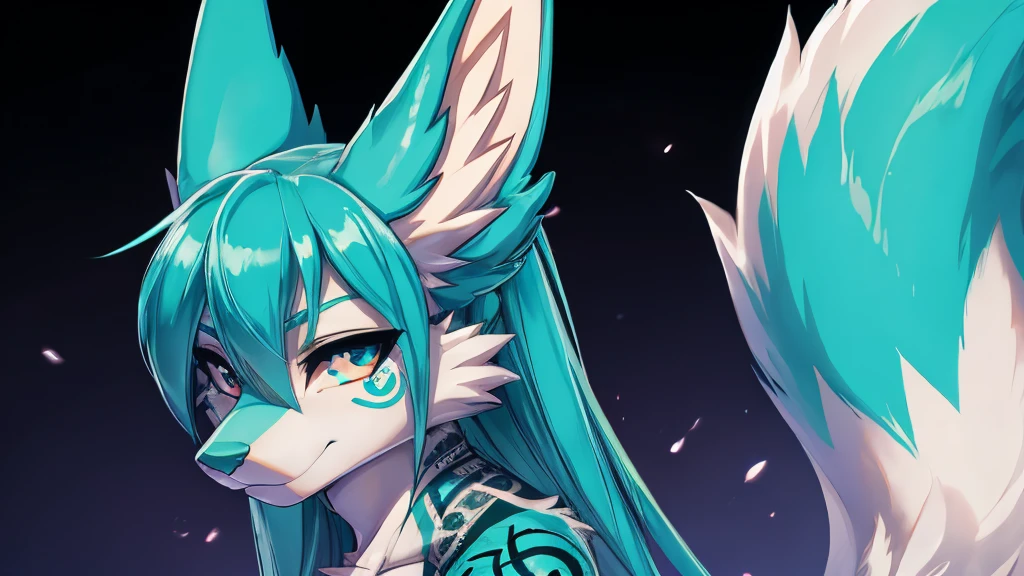 Miku Hatsune, add high definition_detail:1, blue fur,kitsune ears, tribal tattoo add_detail:1, in hell add_detail, batwigs agregar_detail Fer yokai kitsune add_detail:1, as if looking from above down