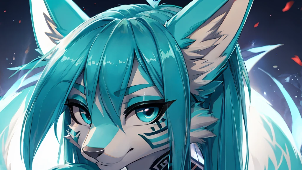 Miku Hatsune, add high definition_detail:1, blue fur,kitsune ears, tribal tattoo add_detail:1