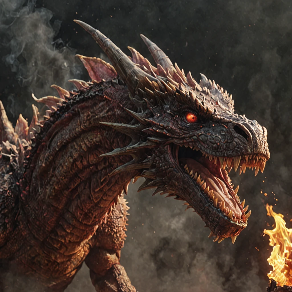 a huge, photorealistic dragon with detailed scales, glowing eyes, smoke and flames billowing from its mouth, devouring a smaller red dragon in the air, cinematic film grain, 4k, ultra detailed, high quality