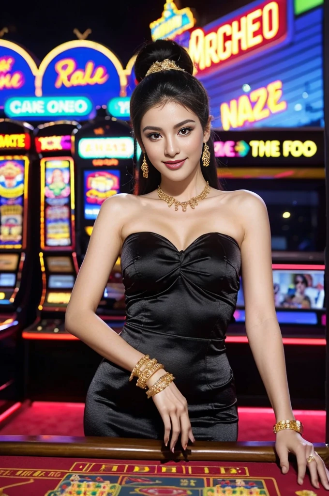 Photorealistic, super-high quality, masterpiece, extreme details, a vibrant and dynamic image of a sexy casino dealer posing in front of the casino tables. The dealer should be an insanely beautiful 26-year-old Latino actress, wearing a sexy black dress, slightly smiling. The scene should include visual elements related to a casino. The cash should be visibly prominent, with some bills floating around or being handed to the winner. Use bright, energetic colors to convey a celebratory mood, and ensure the background complements the scene without being too distracting. 