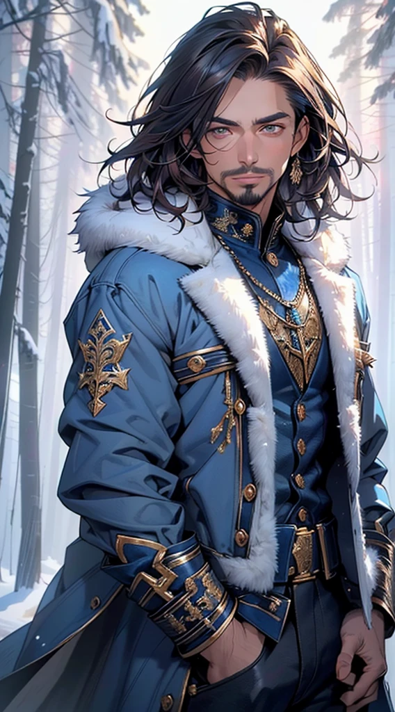 A young man with indigo long hair, long and straight hairstyle, looks up, a gentle expression, a tender gaze, a two-piece fantasy-realism style outfit, knitted shirt over a dark fitted undershirt, belted at the waist, long flowing hemline, matching trousers, the background shows a medieval fantasy-style street with snowflakes falling, this character embodies a finely crafted fantasy-realism in anime style, characterized by an exquisite and mature manga illustration art style, high definition, best quality, highres, ultra-detailed, ultra-fine painting, extremely delicate, professional, anatomically correct, symmetrical face, extremely detailed eyes and face, high quality eyes, creativity, RAW photo, UHD, 8k, Natural light, cinematic lighting, masterpiece-anatomy-perfect, masterpiece:1.5