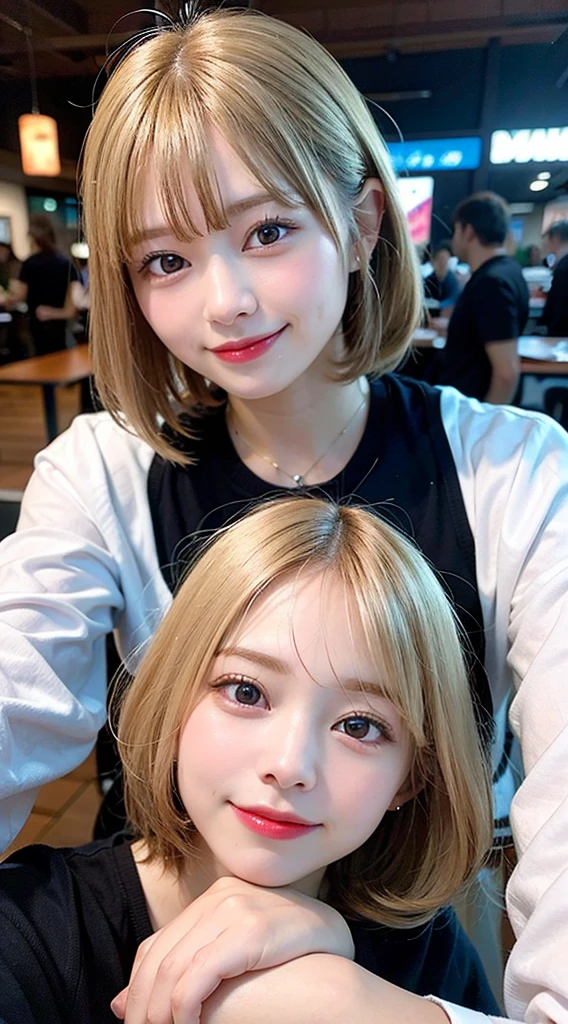 super high quality, short hair, thin, Photography Sculpture, The staff is working at the counter in the back.., (8k、RAW Photos、highest quality、masterpiece:1.2), Japanese Idols, Brown Hair, necklace, Stylish cafe, People having fun at the cafe々Bustling with., (Realistic、Realistic:1.37), Mesh Hair, Golden Ratio, RAW Photos, Cute face , Light Brown Hair, Earrings, Small breasts, Blurred Background, Spring Clothes, Well designed furniture, Ruth Palmer, Beautiful hairstyle, Spoiled, Open Cafe, A kind smile, Hair blowing in the wind, Dress neatly, Berry Short, 18-year-old, Gal Fashion,