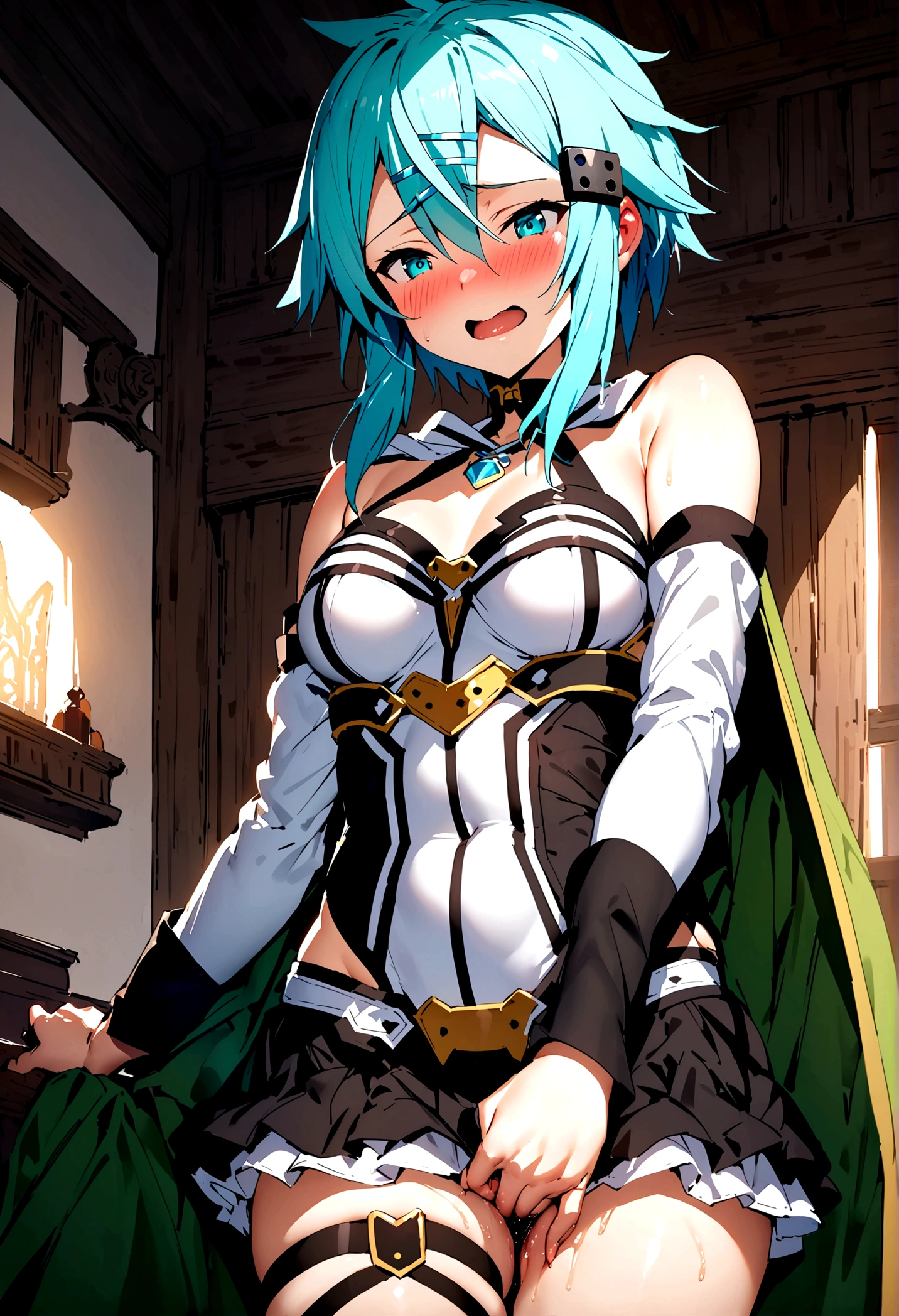 NSFW,masterpiece,Highest quality,High resolution,Super detailed,Sinon\(Sword Art Online\),armor,breastplate,Bare shoulders,Hand guard,leotard,skirt,gem, hair ornaments, Hair Clip,Embarrassed,Watery eye,expectant face,(Lust),(Estrus),blush,Fantasy,inn,indoor,Leg spread