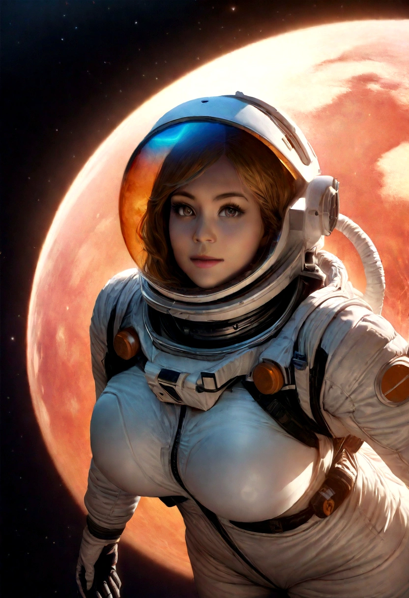 A beautiful astronaut, detailed space suit, floating in zero gravity, detailed helmet with visor, long blonde hair, serene expression, glowing planet in the background, atmospheric lighting, cinematic composition, ultrarealistic, 8k, highly detailed, photorealistic, dramatic lighting, vivid colors, otherworldly, concept art style, giga_busty, breasts, full body shot