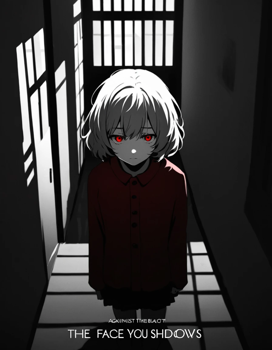 masterpiece, Top quality, best quality, Official Art, beautiful and aesthetic,
1 girl, komeiji koishi， (Against the backdrop of red, Corridor with windows:1.3), Mysterious atmosphere, Dramatic shadows, High contrast, Strong, melancholic emotions, (Text Overlay: ".It's you.":1.1), Psychological thriller atmosphere, (The face has shadows，The eyes are a little bright:1.2), Suspenseful atmosphere.
