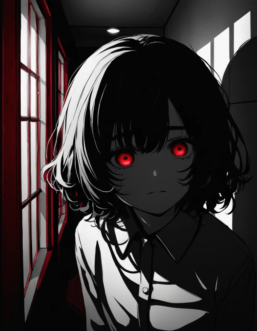 masterpiece, Top quality, best quality, Official Art, beautiful and aesthetic,
1 girl, komeiji koishi， (Against the backdrop of red, Corridor with windows:1.3), Mysterious atmosphere, Dramatic shadows, High contrast, Strong, melancholic emotions, (Text Overlay: ".It's you.":1.1), Psychological thriller atmosphere, (The face has shadows，The eyes are a little bright:1.2), Suspenseful atmosphere.
