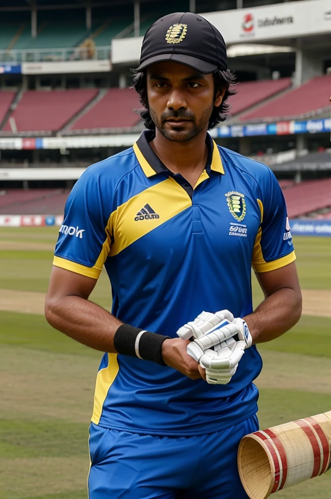 Create a naturalistic image of Hardik Pandya in his cricket gear, ready to bat with a focus on his intense game face