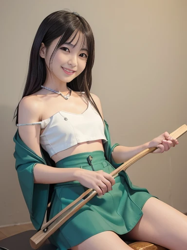 Japanese female, a lot of details, (underweight), 30 years old, detailed black hair, beautiful detailed hair, super fucking beautiful, delicate beautiful face, complex details beautiful and delicate eyes, perfect hands, (flat chest best quality:1.5), nsfw,perfect and delicate limbs, detailed skin, best quality, ultra-detailed,(cheerful grin:1.5),(yellow off shoulder top), (green mini skirt:1.2),Rock live, (Japanese female playing drums:1.4), front view, (low angle shot:1.2), ground-level shot