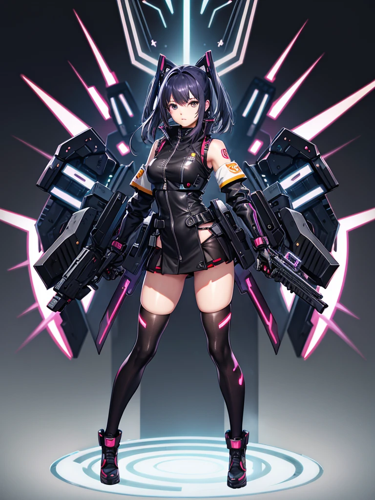 cyber punk。Full body illustration。mini skirt。armed。