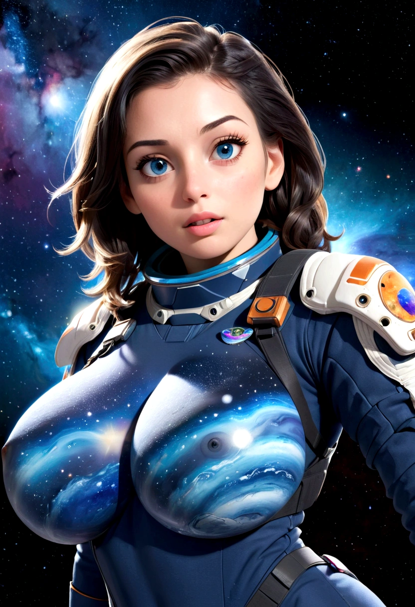 A beautiful astronaut, detailed space suit, floating in zero gravity, detailed helmet with visor, long blonde hair, serene expression, glowing planet in the background, atmospheric lighting, cinematic composition, ultrarealistic, 8k, highly detailed, photorealistic, dramatic lighting, vivid colors, otherworldly, concept art style, giga_busty, breasts