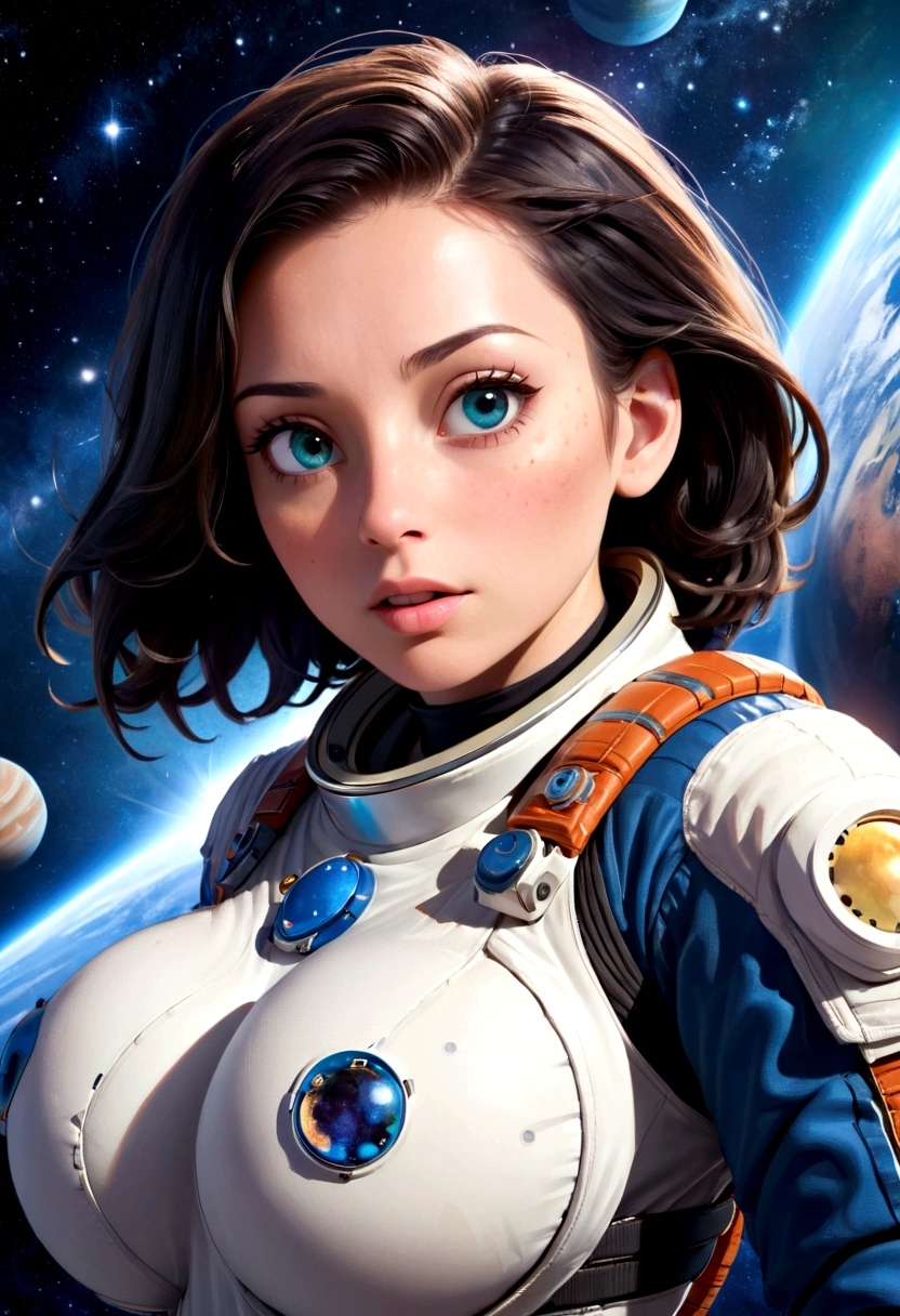 A beautiful astronaut, detailed space suit, floating in zero gravity, detailed helmet with visor, long blonde hair, serene expression, glowing planet in the background, atmospheric lighting, cinematic composition, ultrarealistic, 8k, highly detailed, photorealistic, dramatic lighting, vivid colors, otherworldly, concept art style, giga_busty, breasts