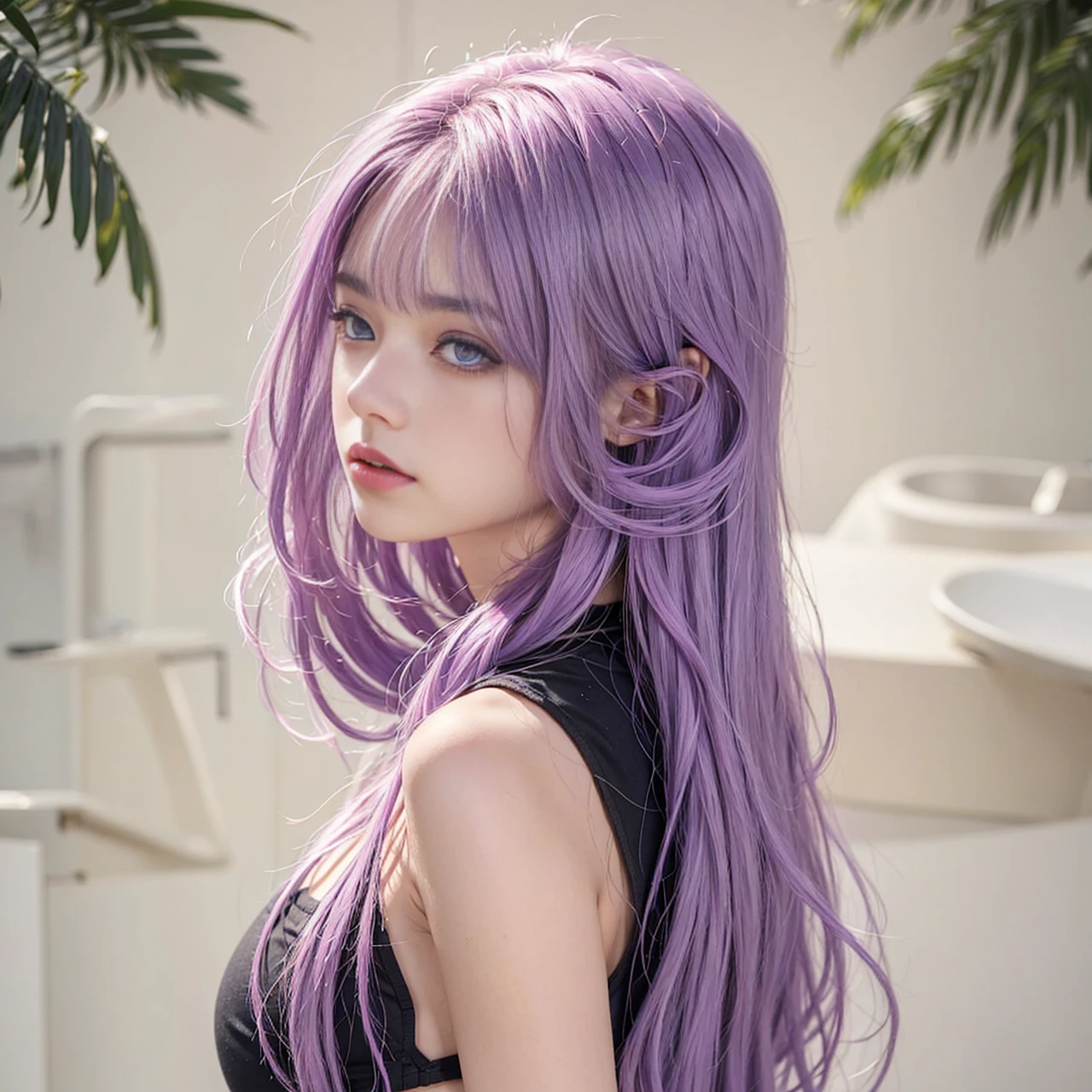 （tmasterpiece、best qualtiy、A high resolution），white backgrounid，（（Color mixing，Splash ink、Color mixing）），Sweet Chinese girl，long light purple hair，[light violet|purpleish color]the hair，curlies，glitters，Pink lips，white  skirt，frontage，The upper part of the body，The character is centered，Does not obscure characters，