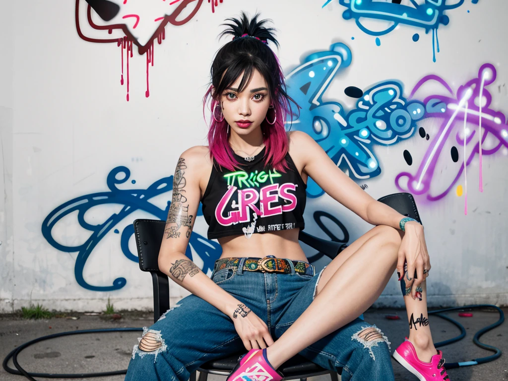 stylish t-shirt design, (best details) (highest quality), Strongest pirate girl wearing sunglasses sitting on a sofa chair, (((graffiti art))), (((Trigger Studio style, graffiti art, skull fashion, Neon color))), khan griffith, black hair