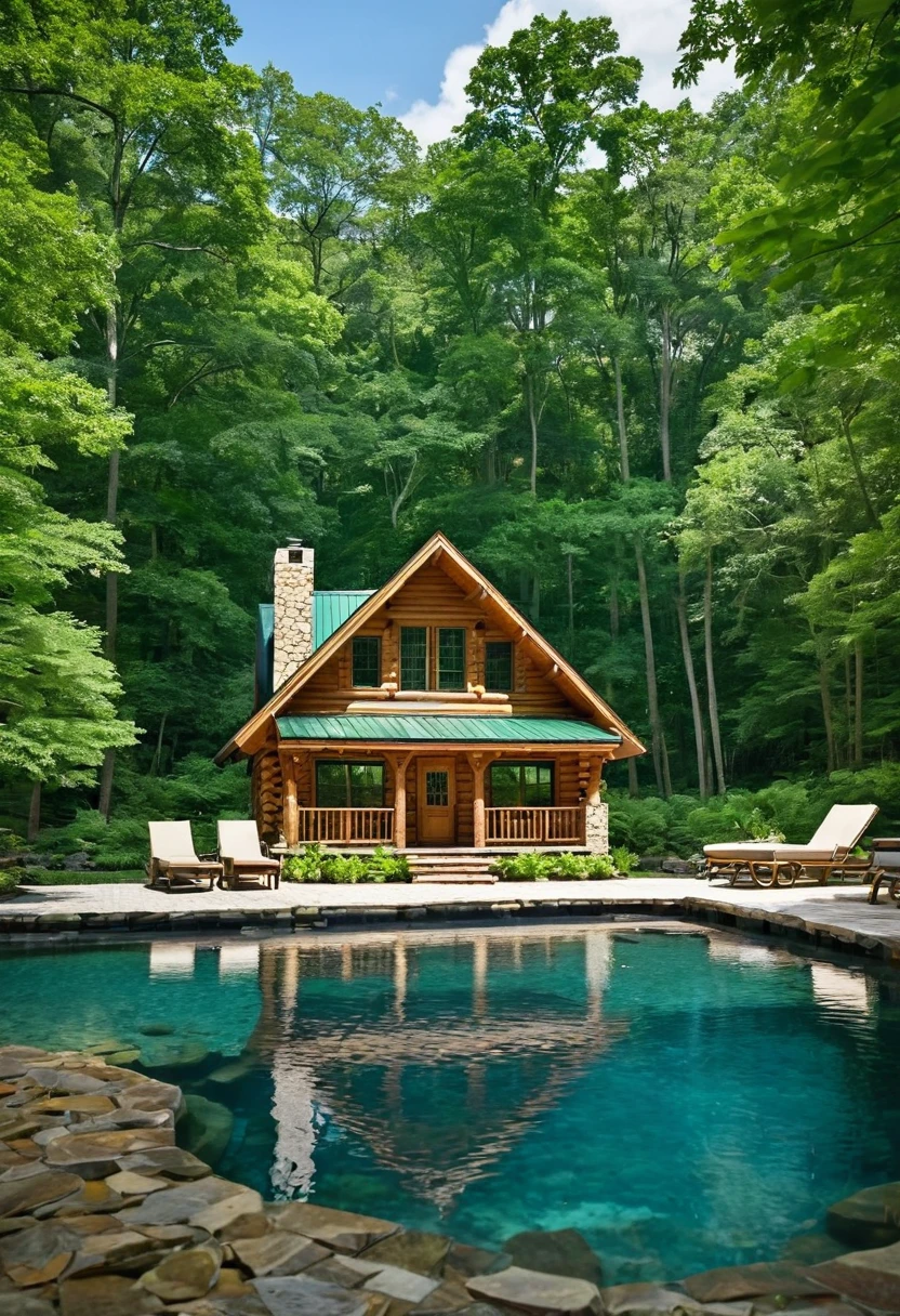 A secluded log cabin, nestled amidst a lush forest, exudes a sense of peaceful tranquility. The cabin's rustic charm is enhanced by the surrounding greenery and the sparkling waters of the nearby lake. The addition of a private pool adds a touch of luxury to this idyllic retreat.