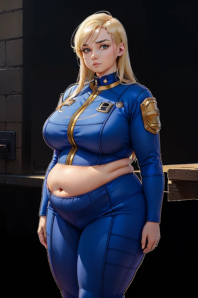 (masterpiece quality1.1), (insanely sophisticated detailed1.2), (realistic detailed beautiful face1.3), (1girl), beautiful face, RAW photo, best quality, high resolution, (masterpiece), POV, blonde hair, skintight blue vault jumpsuit, fallout aesthetic, fallout 4, standing in Commonwealth wasteland, ((massive belly)), ((incredibly overstuffed belly)), (photorealistic:1.4), dynamic volumetric lighting, professional photography, sharp focus, HDR, 8K resolution, beautiful angular face, high rating, intricate detail, sophisticated detail, depth of field, detailed soft eyes, big eyes, chubby, soft fat, smooth skin, tight clothes, undersized clothes, (correct anatomy1.6), ((hyper swollen belly1.5))