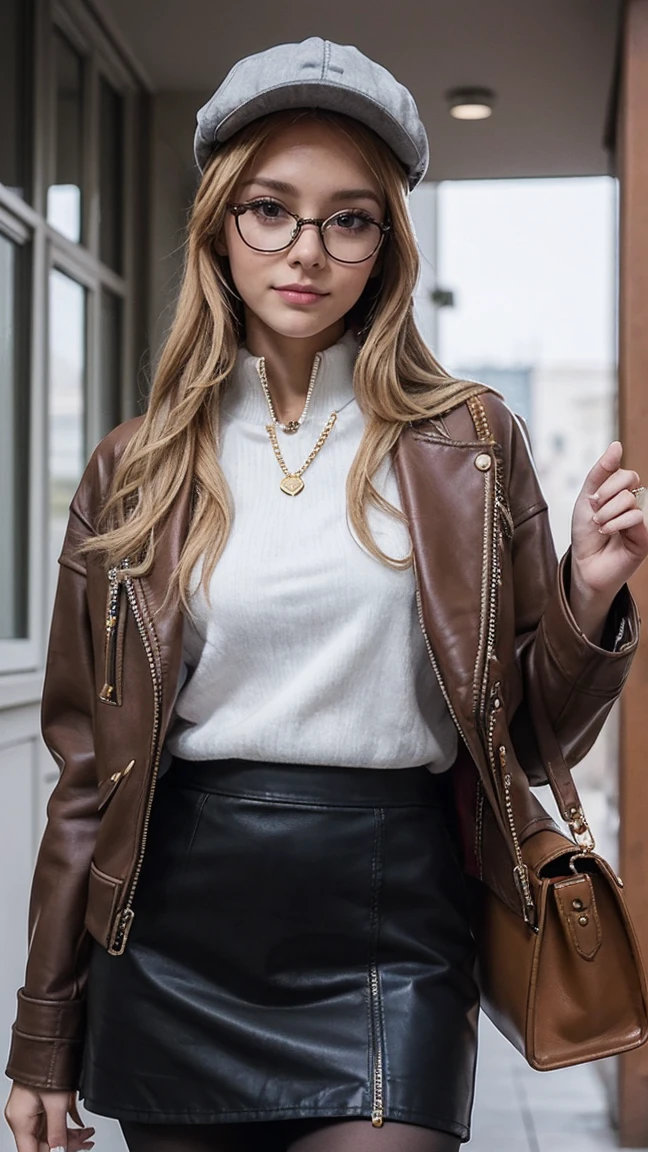 (masterpiece), best quality, expressive eyes, perfect face, A closeup of a woman in a 1girl, Melania, reverse 1999, red glasses, long blonde hair, leather jacket, white sweater with zipper, black skirt, red tight legging, flat cap, stylish bag gold chain, boots shoes, thief, spy 
