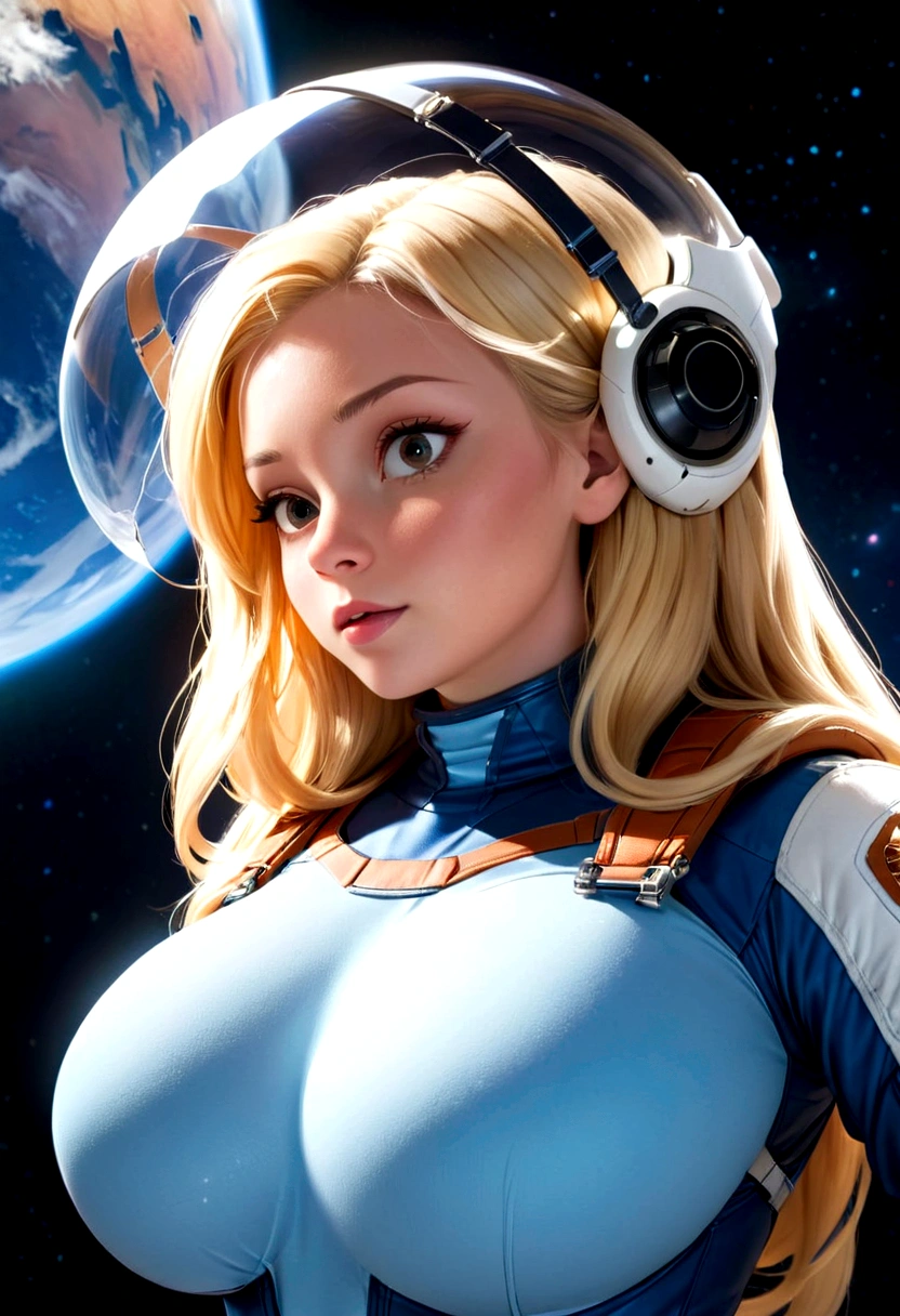 A beautiful astronaut, detailed space suit, floating in zero gravity, detailed helmet with visor, long blonde hair, serene expression, glowing planet in the background, atmospheric lighting, cinematic composition, ultrarealistic, 8k, highly detailed, photorealistic, dramatic lighting, vivid colors, otherworldly, concept art style, giga_busty, breasts