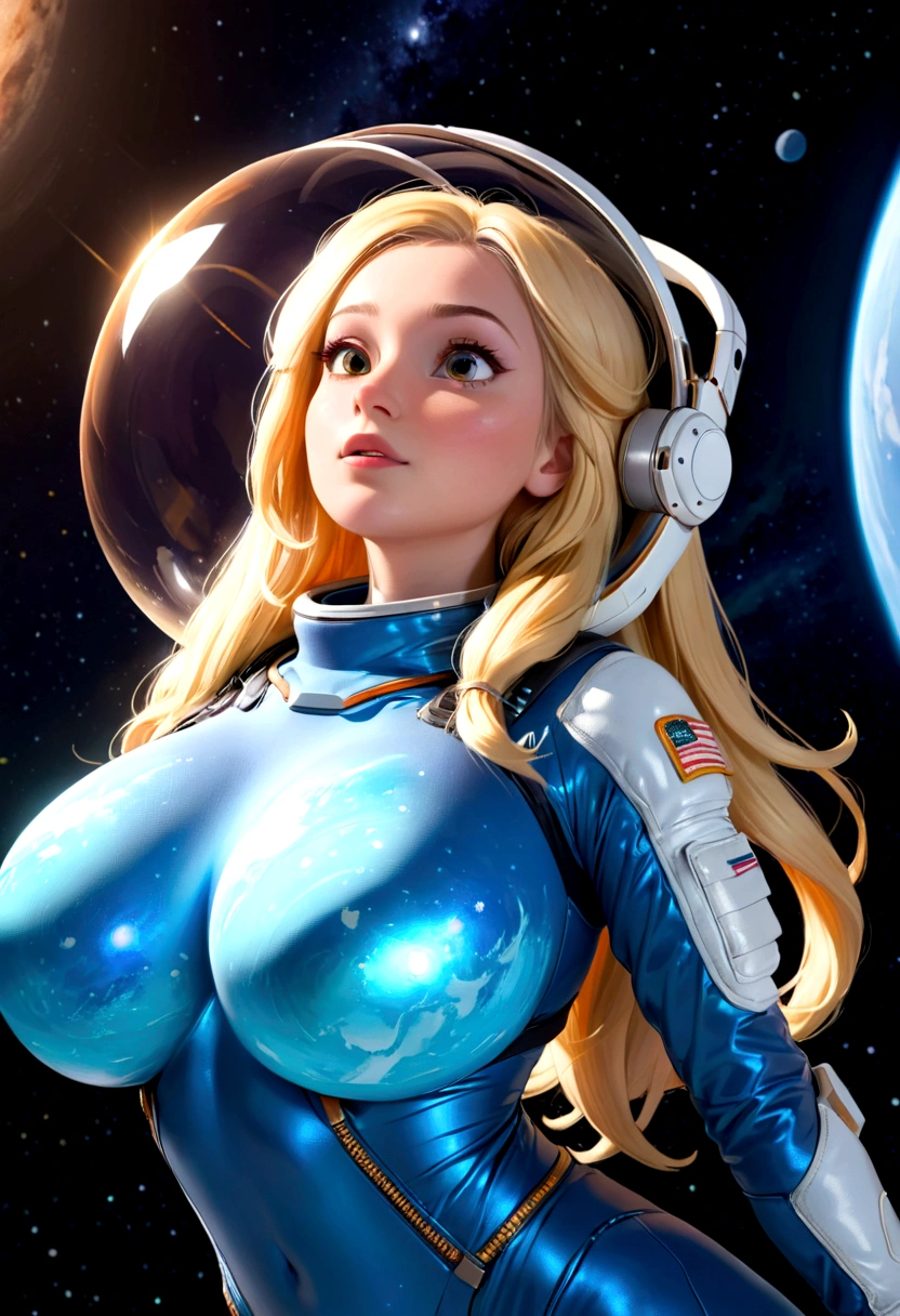 A beautiful astronaut, detailed space suit, floating in zero gravity, detailed helmet with visor, long blonde hair, serene expression, glowing planet in the background, atmospheric lighting, cinematic composition, ultrarealistic, 8k, highly detailed, photorealistic, dramatic lighting, vivid colors, otherworldly, concept art style, giga_busty, breasts