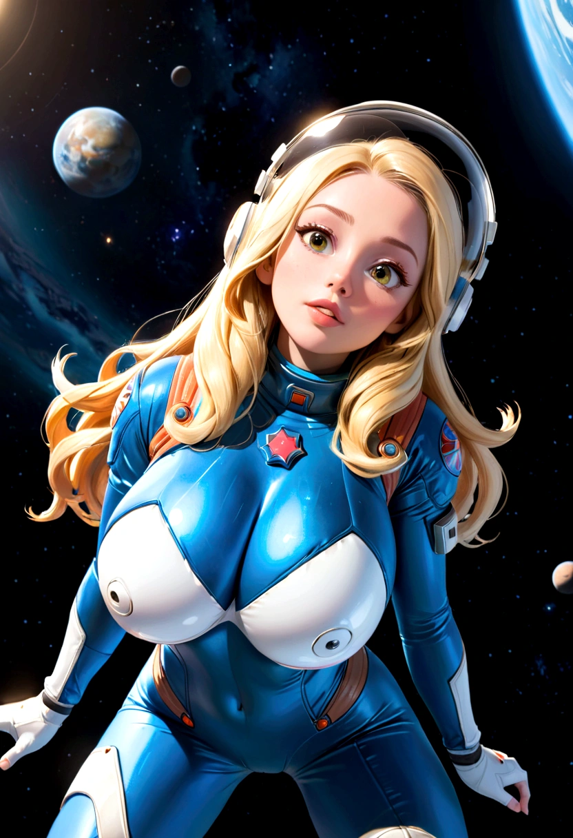A beautiful astronaut, detailed space suit, floating in zero gravity, detailed helmet with visor, long blonde hair, serene expression, glowing planet in the background, atmospheric lighting, cinematic composition, ultrarealistic, 8k, highly detailed, photorealistic, dramatic lighting, vivid colors, otherworldly, concept art style, giga_busty, breasts