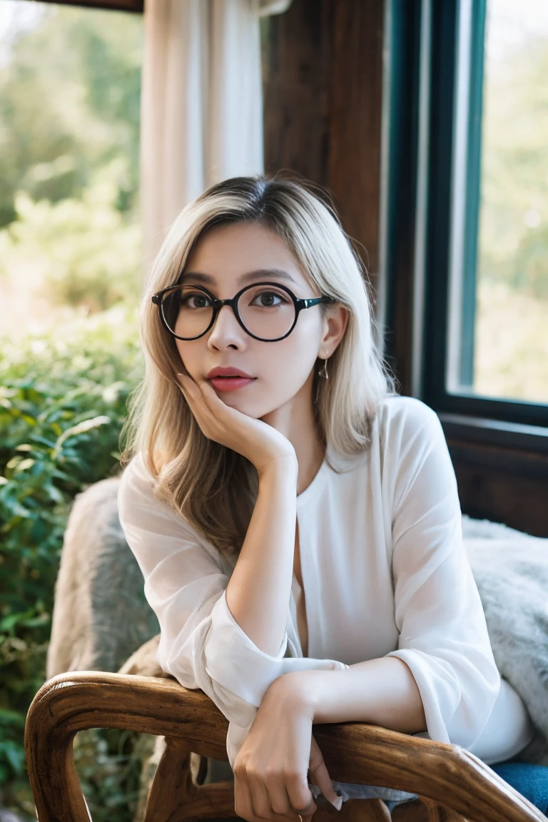a woman leaning against a pillow, backlit, soft warm light, highly detailed, (landscape) blonde dyed hair, oversized white shirt, metal rim glasses