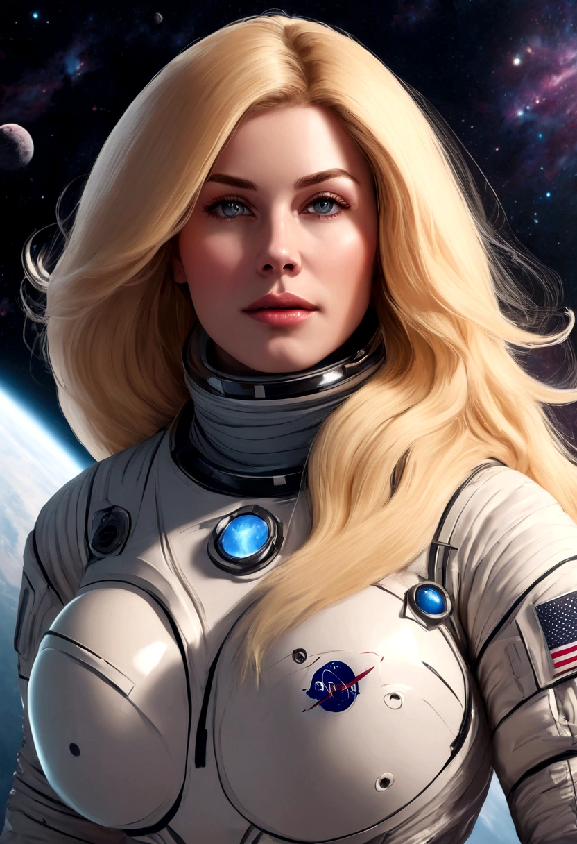 A beautiful astronaut, detailed space suit, floating in zero gravity, detailed helmet with visor, long blonde hair, serene expression, glowing planet in the background, atmospheric lighting, cinematic composition, ultrarealistic, 8k, highly detailed, photorealistic, dramatic lighting, vivid colors, otherworldly, concept art style, giga_busty, breasts, full body shot