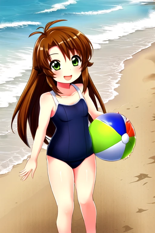 (masterpiece, Highest quality, detailed), One girl, alone, koshigaya komari, Brown Hair, Long Hair, Antenna Hair, Green Eyes, Old School Swimsuit, One piece swimsuit, Beach, Outdoor, Ocean, Depth of written boundary, Beachball, whole body, smile, Open your mouth, whole body