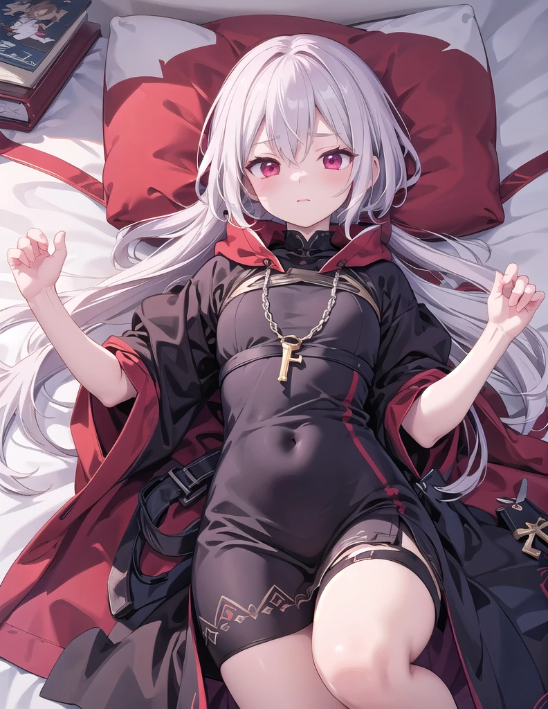 ((highest quality, 8K, masterpiece,high resolution、High resolution、Sharp focus、highest quality)),(1 girl, dark skin,white hair, yellow eyes, cat ears, little girl),medium breasts,slim body,put hands up,Shiny skin、Moisturized Skin、having convulsions, sweat,lying on the bed, missionary, bored, view from above,full body,