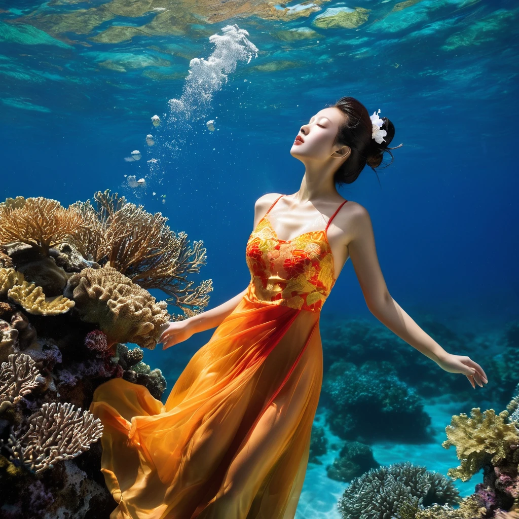 (masterpiece, best quality:1.4), (flat color:1.3),(colorful:1.3),looking at viewer,1girl,((solo)),floating in colorful water,(2D:1.3), perfect lighting, perfect shading, (realistic:1.2), (mature adult:1.27), (dynamic pose), detailed, intricate, beautiful, gorgeous stunning, cinematic, epic, (Photorealistic:1.5), (intricate, detailed),