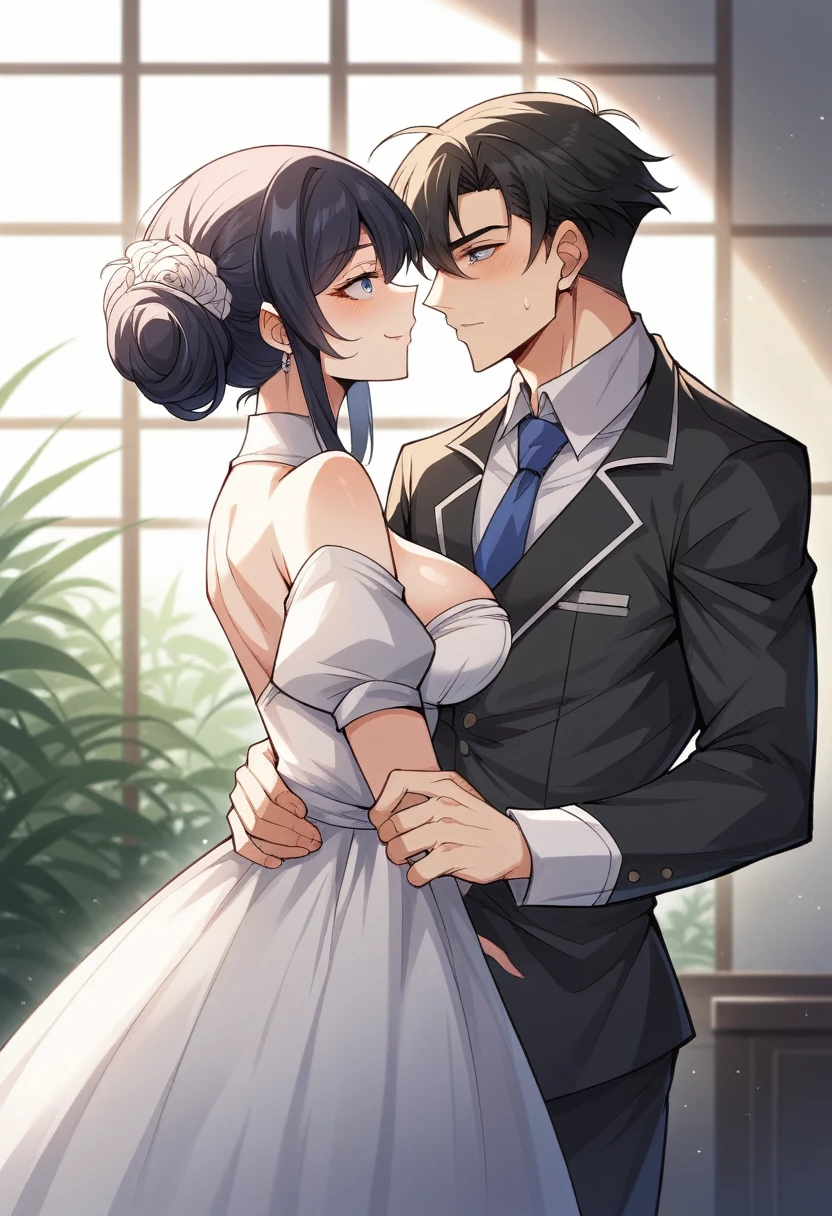 absurd res, high res, (masterpiece:1.4) side profile,  accurate anatomy, 1 girl 1 male, male and girl looking at each other, girl wearing blue dress, short black hair wavy, girl ruby heart necklace, short girl, boy black hair, boy wearing white suit, boy brown eyes, boy hugging girl, tall male, muscle male, boy pale skin, girl pale skin, romantic, boy tears, girl caress boy cheek