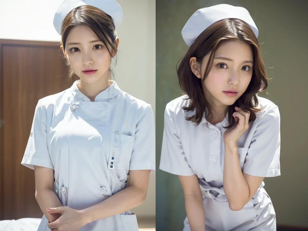 1 Girl,(Wearing white nurse clothes:1.2),(RAW Photos, Highest quality), (Realistic, photo-Realistic:1.4), masterpiece, Very delicate and beautiful, Very detailed, 2k wallpaper, wonderful, finely, Very detailed CG unity 8k wallpaper, Very detailedな, High resolution, Soft Light, Beautiful detailed girl, Very detailed eyes and face, Beautiful and detailed nose, finely beautiful eyes, nurse, Perfect Anatomy, Black Hair, Upstyle, nurse uniform, ((nurse cap)), Long skirt, nurse, White costume, thin, hospital, clear, White Uniform, hospital room, Neck auscultation,Close your face,