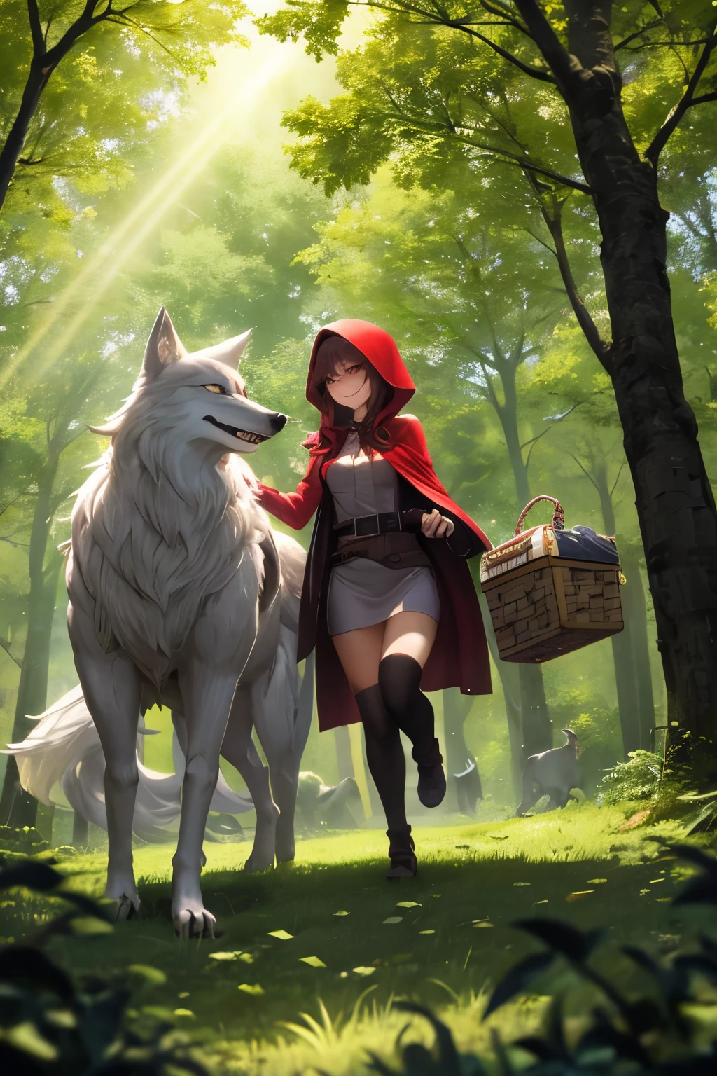 masterpiece, realistic, in the dark forests of dimly lit Europe, woman in lace carrying a backpack in the shape of a wolf, 18 years old, glossy, full-body, short hair red hair, thighs, calves, Little Red Riding Hood with deep slits, bare feet, trekking shoes, walking with a big wolf holding Little Red Riding Hood mascot character behind her, photorealistic, mini skirt
