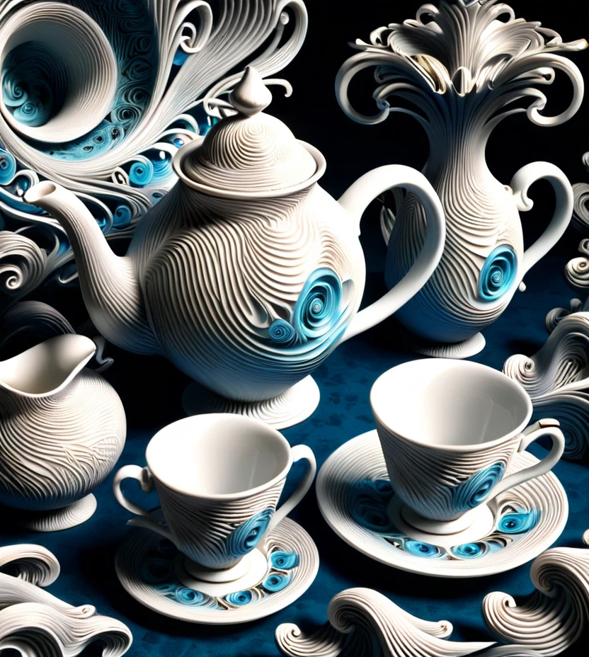 Porcelain vintage tea set, Alice in wonderland,3d, depth perception, fractals holes, spiral, fantasy, 