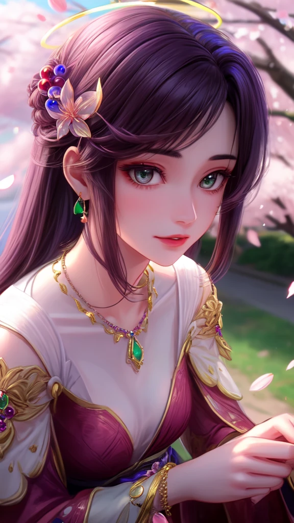 (,1 Girl, Throw,best quality,masterpiece,  ) ,(((Cherry blossoms,,  )))     Ultra-realistic 8k CG, Flawless, Clean, masterpiece, Professional artwork, Famous Artworks, Movie Lighting, Bloom, Perfect face, Pretty Face, fantasy, Like a dream, illusory, Science fiction, luxurious, Jewelry, diamond, Kaneko, pearl, gem, 蓝gem, 红gem, emerald, Intricate details, Exquisite pattern, charming, Tempting, Tempting, , enchanting, Hair accessories, necklace, earrings, bracelet, armband,Halo,Autumn leaves,