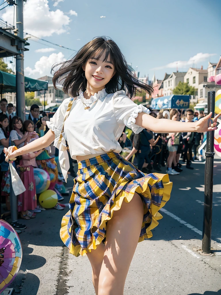 Colorful photograph, Uplifting, ((masterpiece, best quality, absurdres, 8K, super fine illustration, detailed eyes, beautiful face, light smile, shiny skin)), 1 young girl, Colorful top Idol, Smile full of happiness, whole body, good style, ((Idol costumes with 5 or more colors;1.5)), ((Idol costumes with lots of frills)), very cute idol costumes, colorful balloons, Many large and small soap bubbles, (Dancing dynamically;1.2), (kicking one leg high;1.2), ((Dancing on a gorgeous outdoor stage;1.4)), very luxurious stage, amazing gorgeous stage, ((extremely detailed Fluttery micro mini skirt, extremely detailed colorful skirt. micro mini Skirt very fluttering in the wind;1.4)), (((skirt is flipped up by the wind;1.5)))