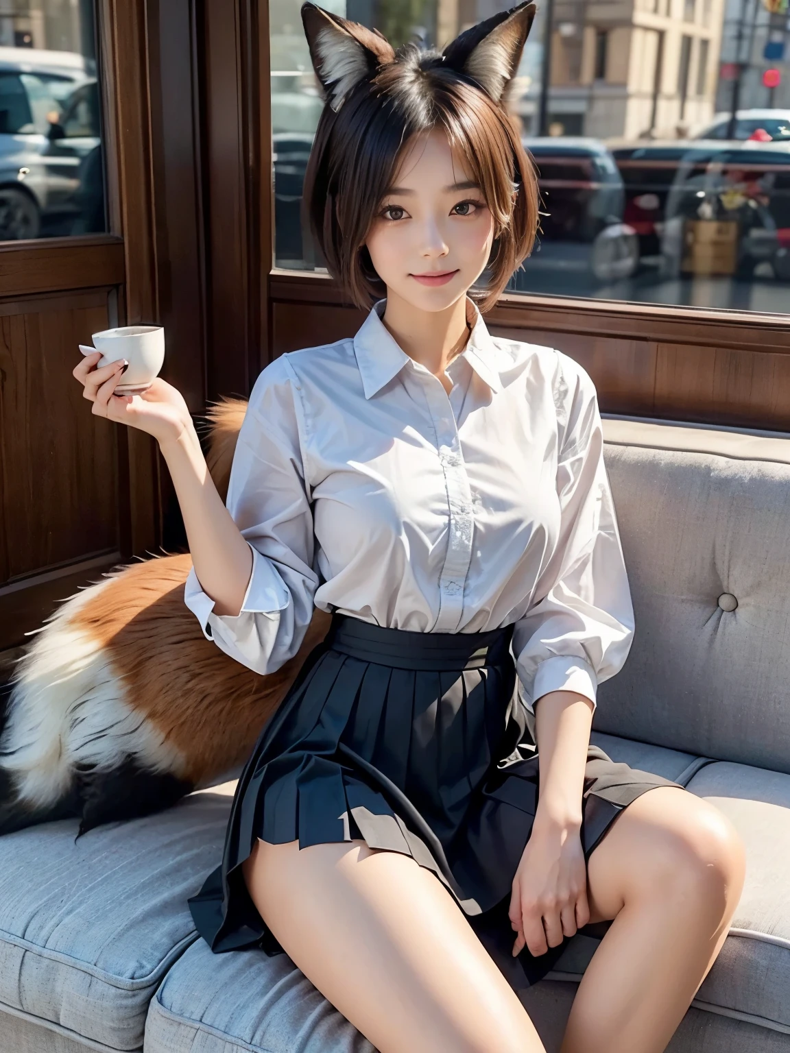 ((Highest quality, 32k)), ((masterpiece)), (Familiar), Perfect Face, pretty girl, She is sitting on a sofa in a cafe in the city., She is relaxing and drinking tea, She has a bushy tail on her butt, She has a fluffy tail, Beautiful hip line, Small breasts, She is wearing a neat blouse and pleated skirt., A bushy tail is visible from under her skirt,, Slender body, Her tail sticks out from under her skirt, (A single raccoon tail protrudes from the inside of her skirt.:1.4), The base of her tail is hidden under her skirt., She is gently stroking her tail