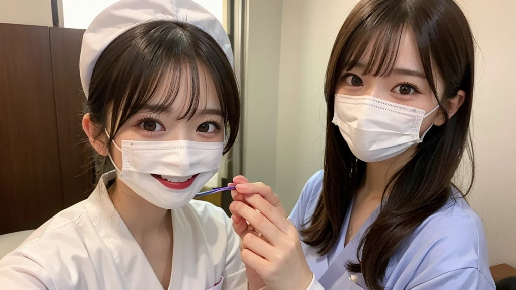 8K quality、High resolution、Man sleeping in hospital room、2 nurses、Realistic skin texture、Nurses love the penis of sleeping men、High resolutionの肌、Licking a man's penis with your tongue、Princess Hair、thin、Small and young breasts、Open the mouth to reveal a realistic tongue、Beautiful cleavage、Gray Hair、blue eyes、thin脚、French Braid、、Full Body Shot、Wetting、Tearing clothes