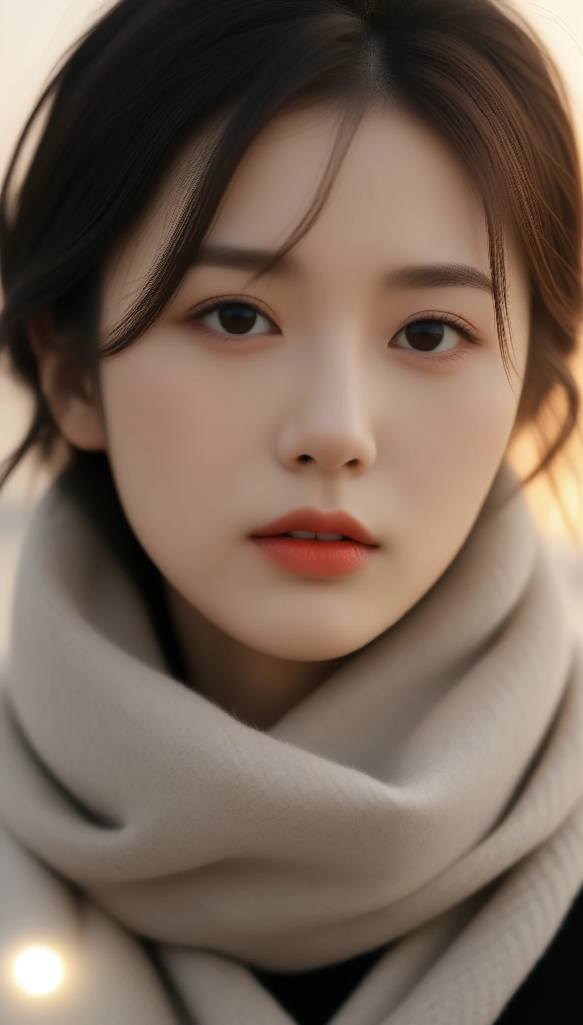 8K, 超High resolution, Highest quality, masterpiece, surreal, photograph,Three-part method, 1 Girl, (16 years old:1.3), pretty girl, Cute face, Beautiful eyes in every detail,Japan Female Announcer,Close Up、Young Wife,(Wearing a long winter coat and scarf、Close-up of a thin black double-sided updo:1.5)、(The girl turned around with a sad look on her face.。, Her hair blowing in the wind on a winter beach:1.5)、(Blurred Background:1.5)、(red sky at sunset:1.5)、(Perfect Anatomy:1.5)、(Complete Hand:1.3)、(Full Finger:1.3)、Realistic、生photograph、Tabletop、Highest quality、High resolution、Delicate and beautiful、Perfect Face、Beautiful details、Fair skin、Real human skin,super cute super model、Look closely at the camera 、Vividly detailed、detailed、surreal、Light and shadow,Strong light,Fashion magazine cover,Thin lips