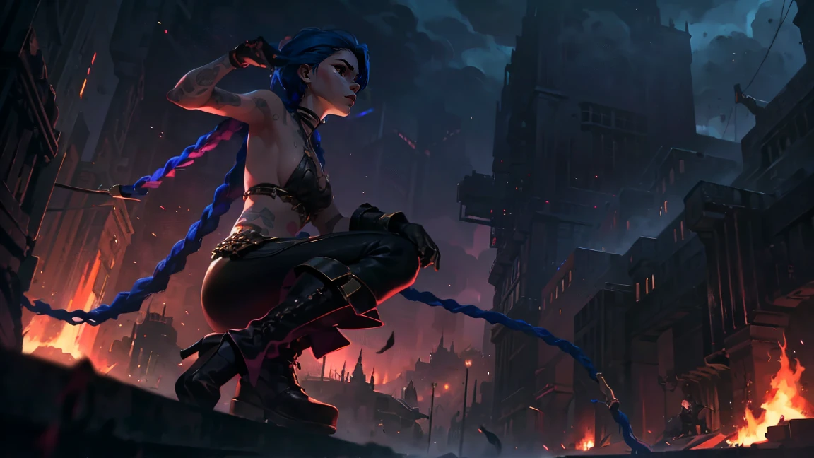 (masterpiece, Best quality), 1 girl, portrait, very sexy, crazy look, smile, crying, pink tears, tears on the cheeks, tears from eyes, full length (full body 1.1.), очень feminine, fighting stance, battle, fire, explosions, burning city, Beautiful waist, gloomy composition, flame, fire, Flash, very beautiful, feminine, long hair, hair braided in long braids, very sexy, tight leather pants, emphasis on the eyes, face accent, Beautiful face, Hands, Hair, Haired ponytail, red purple eyes, Джинкс crying, Blue cloud tattoo, (masterpiece, Best quality), Side lighting, beautiful detailed eyes, crazy face), (Best quality), (masterpiece), magic photography, Spectacular lighting, Photorealism, ultra detailed, интимная portraitная композиция, 1. 4,8 k UHD, aesthetic, Cd., A high resolution, 8 k, better lighting, Best shade, Ultra-HD, A high resolution, sharp focus, Complex background, Cinematic lighting, ((Landscape view)), 4K block, (better lighting), ((Cinematic lighting)),