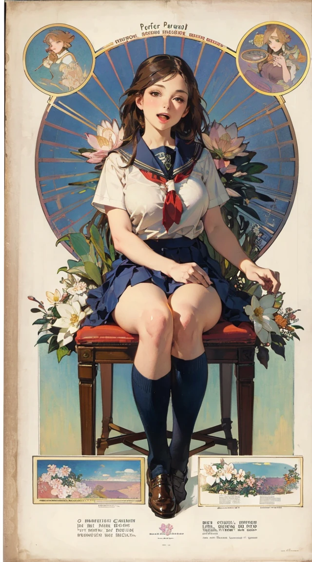 master chiet tomando un cafe　　poster,(by mucha:1.2),((art deco,Botanical Art,Floral Art)),(floral:1.2),lily flower,
(masterpiece, highest quality),(vibrant colors,colorful),(amazing details,detailed background),anatomically correct,Accurate drawing,Detailed drawing,high-class sense,

 lotus position:1.6, sitting, girl, bare thigh, bare stomach, (brown eyes),
(School uniform:1.5), pillow, open mouth, big breasts, 