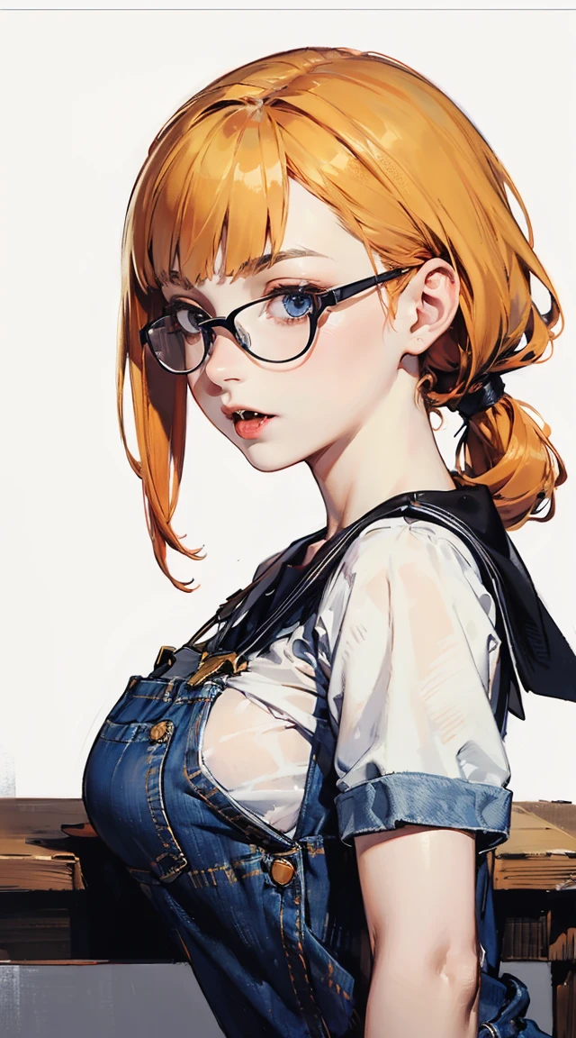 ((masterpiece)), high quality, very_high_resolution, large_filesize, full color, heavy outline, clear outline, colorful, (beautiful detailed eyes), (beautiful face:1.3), (boyish face:1.3), 1 girl, (femaleranma), (red hair), short hair, (braided ponytail), ((bangs)), bumpy bangs, blue-gray eyes, big breasts, curvy, femaleranma, braided ponytail, (red chinese clothes), sleeveless, tangzhuang, black pants, cameltoe, standing, upper body, ((from side:1.4)), ((portrait:1.8)), ((face focus:1.4)), (Halloween Vampire Theme:1.3), Scary monsters, Upper body photo (elegant) Vampire woman standing on the roof under the red full moon, Vampire Fangs, ivory, Let me see your fangs, Wearing an orange Halloween costume, (The fusion of orange sailor suit and work pants:1.3), (Orange themed clothing:1.3), wear glasses, shut up,(Smiling eyes:0.2),looking at the audience, (on the table, best quality:1.2), absurdes, Perfect work of art, Popular on artstation, Very detailed, fine, (current, Reality:1.37), portrait, There is light on the face, Delicate face, night, night situation, night time, (moonlight:1.3), Tentacle crawling、current, Super sharp, Super detailed, Bob short hair, ppixie hair, Parted bangs,huge , Crazy breast swelling, Chest larger than shoulder blades, Big breasts and thin waist，(huge breasts:1.2)，Hydrated skin（（rogue））（（Very huge breasts）），（（Grooves reveal original skin））　　(absurdres, highres, ultra detailed),(absurdres, highres, ultra detailed), 1 girl, ((14 year old)), finely detailed eyes and detailed face, warm smile, (low single side twintail bum with blunt bangs hairstyle), (((wearing a white T-Shirt beneath a jeans baggy denim shortall shorts))), sneakers, cute expression, ((anime character sheet)), (((full body))), (several poses and expressions), blue eyes, ((blonde hair)), dynamic pose, (((pale skin))), white background