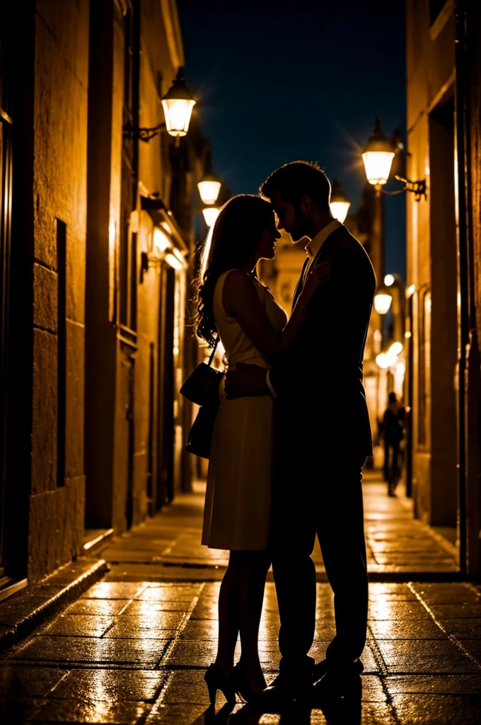Foto retrato de casal apaixonado, Romantic setting, street and lights in the background, 8k, Realistic photo. Both have beauty standards.